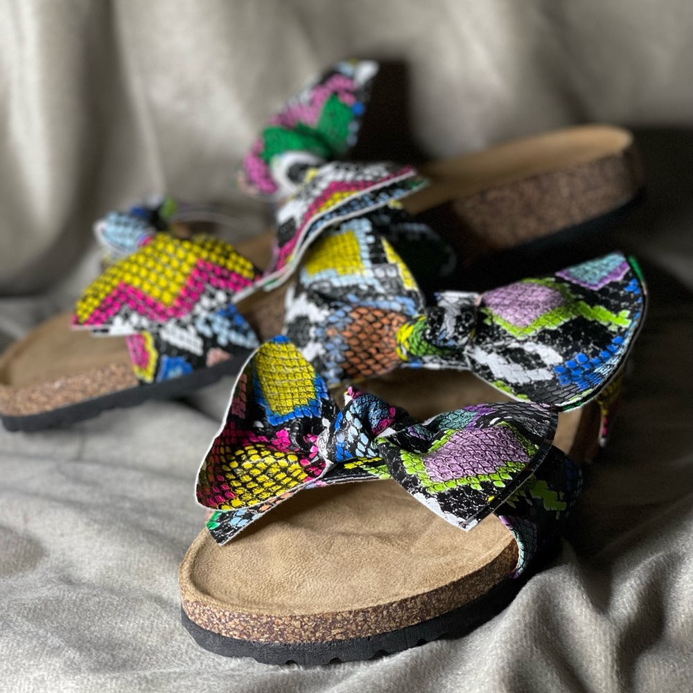 Multi Color Snake Print Double Bow Slides Sandals
